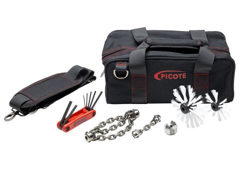 Picote ProLite 8 Starter Kit with chains, nylon brushes, unblocking head, and accessories for 1/3 inch shaft cleaning and descaling in 2 to 4 inch pipes