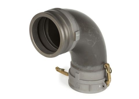 Elbow adapter with cam lock connection at both ends. One is male and the other female. 
