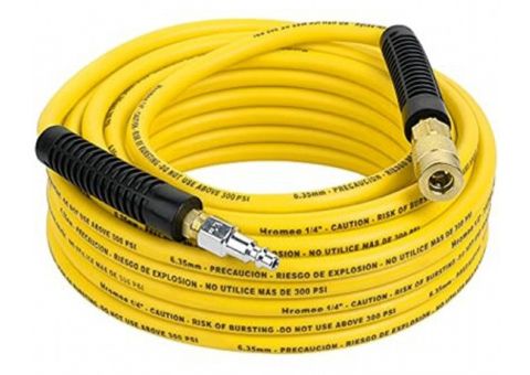 The 50' Air Hose is a 1/4" hose with male and female NPT fittings, designed to connect the ambient cure air tank to the ambient cure caps during the curing process. The 50' length provides ample reach between the air supply and the curing cap, giving crew