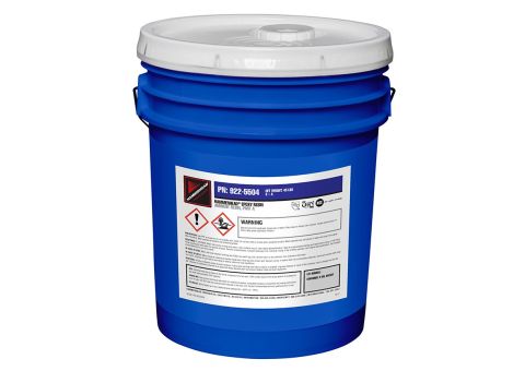 Blue five gallon pail with white top containing epoxy resin.