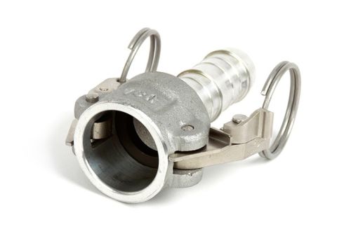 The 1" Recirculation Hose Fitting is an aluminum 1" female cam lock with a barbed male end, designed to provide a secure, reliable connection point for custom recirculation hoses used in hot water curing systems. The cam lock end connects quickly to the r