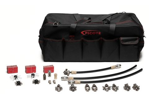 Picote Pro Cleaning Kit 2 inch with chains, brushes, Smart Cutter components, and Mini Smart Sweeper for 1/3 inch shaft pipe cleaning and descaling applications