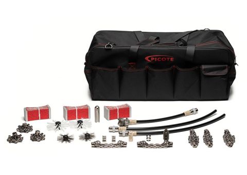 Picote Pro Cleaning Kit 3 inch with chains, brushes, Smart Cutter components, and Smart Sweeper for 1/3 inch shaft pipe cleaning and descaling applications
