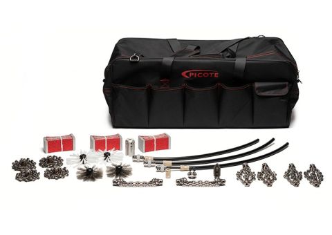Picote Pro Cleaning Kit 4 inch with chains, brushes, and cleaning accessories for 1/3 inch shaft pipe cleaning and descaling applications