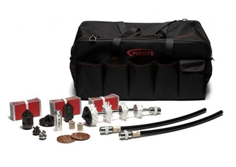 Picote 4 inch Pro Cutting Kit with Smart Cutter components, Twister Express tools, drill heads, grinding panels, and accessories for 1/2 inch shaft cutting and reinstatement