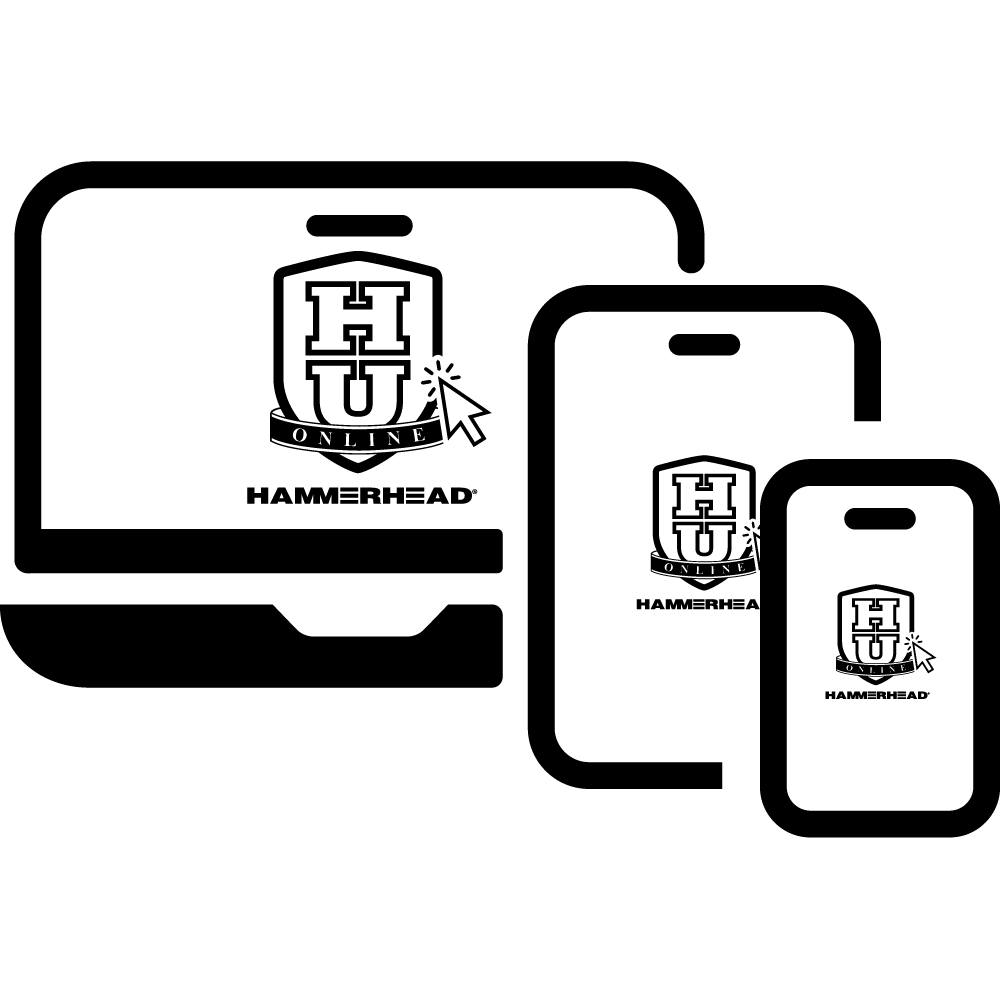 Icon that depicts a laptop, tablet and mobile phone with the HammerHead University logo. 