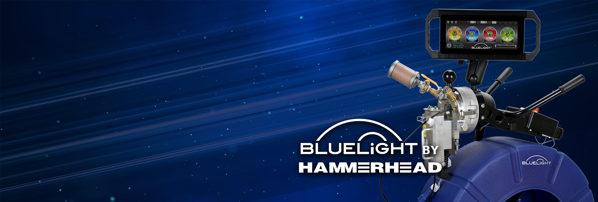 BlueLight by HammerHead UV curing system with control monitor and pipe liner installation equipment on blue background