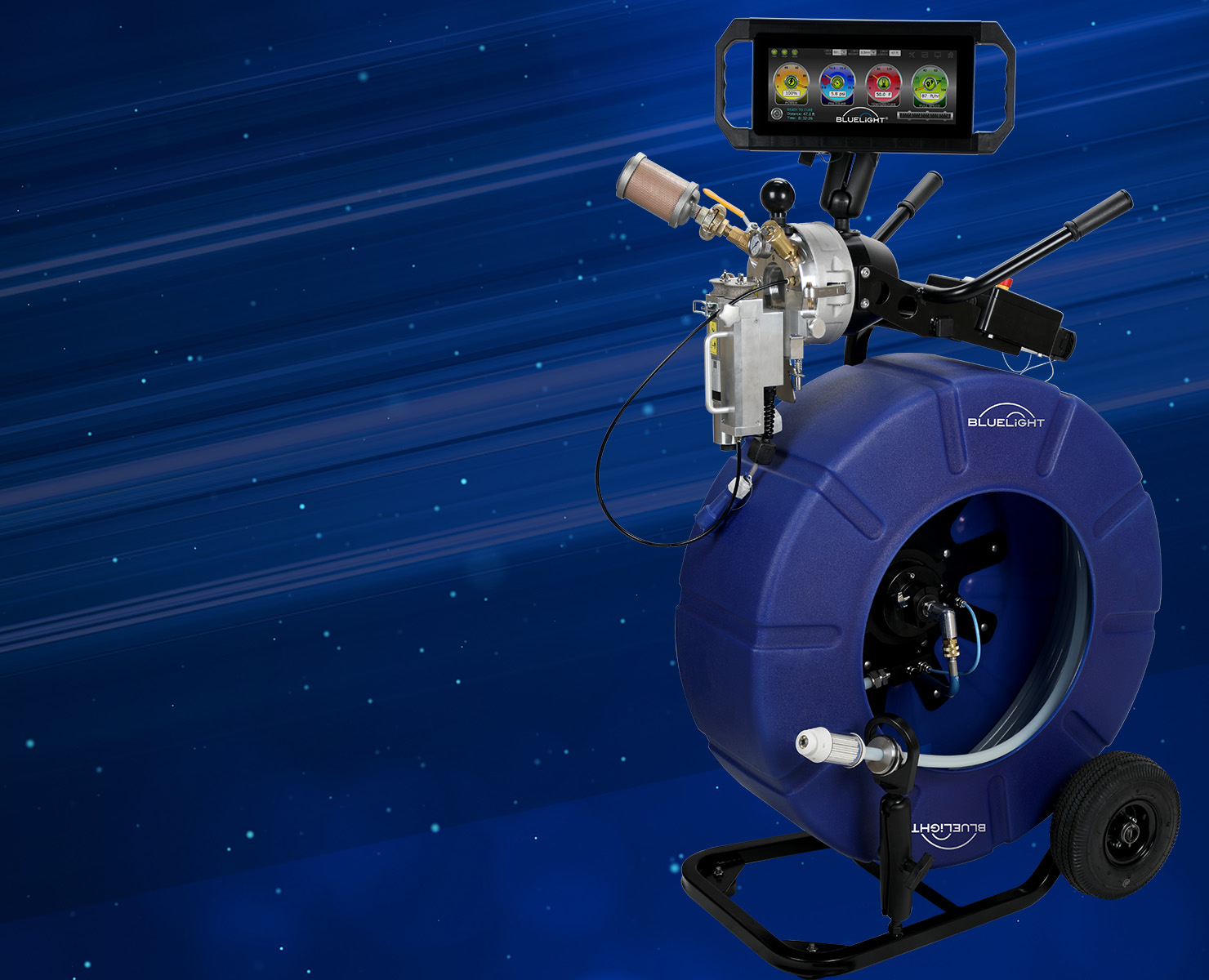BlueLight by HammerHead UV curing system with control monitor and pipe liner installation equipment on blue background