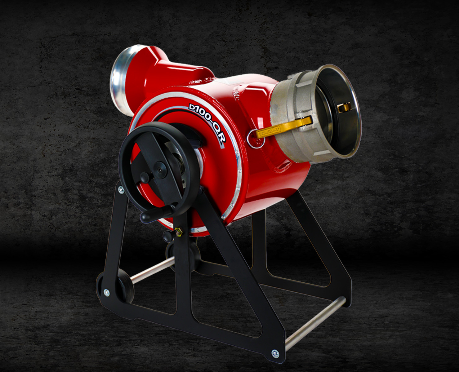 A red inversion drum D100-QR on a black stand with a black background