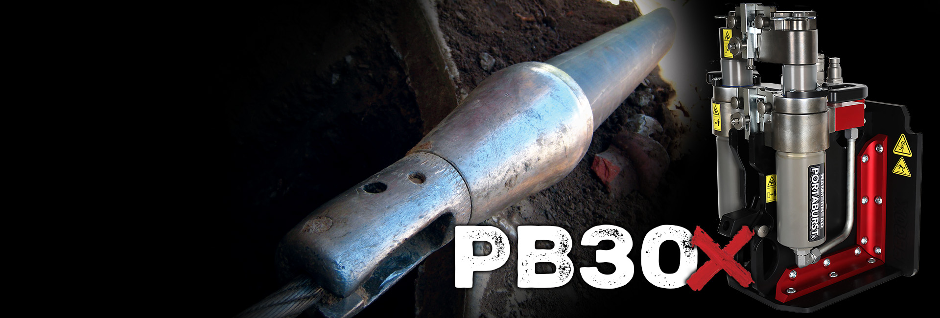 PortaBurst PB30X lateral pipe bursting system with compact aluminum frame and dual-cylinder pulling unit