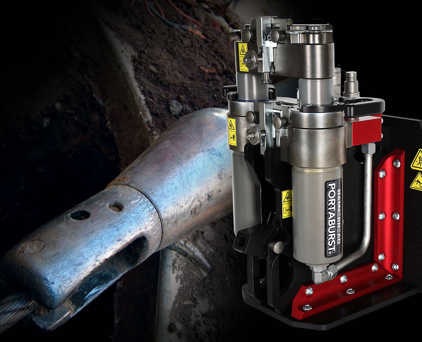 PortaBurst PB30X lateral pipe bursting system with compact aluminum frame and dual-cylinder pulling unit