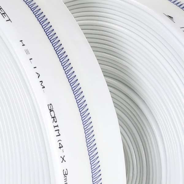 Coiled white CIPP liner with integrated scrim reinforcement and visible stitched seam for trenchless pipe rehabilitation