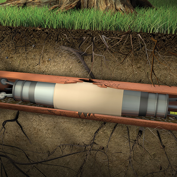 Illustration of a point repair in a pipe being installed underground