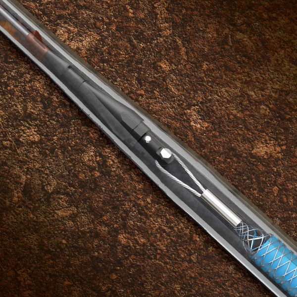 A tooling string underground slitting a lead service pipe and replacing it with a plastic water service. 